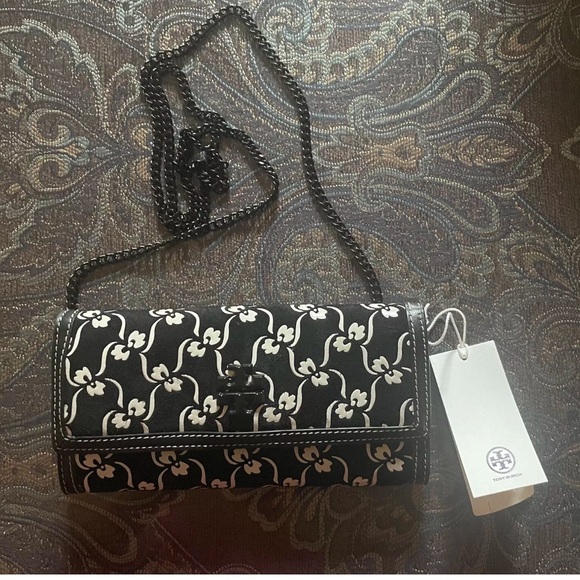 $498 NWT Tory Burch 139569 Juliette Floral Leather/Suede Chain Wallet purse